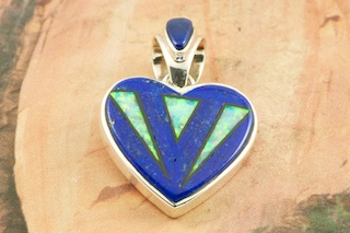 Genuine Blue Lapis and Black Jade inlaid in Sterling Silver Heart Pendant. Beautiful Fire and Ice Lap Opal Accents. Free 18